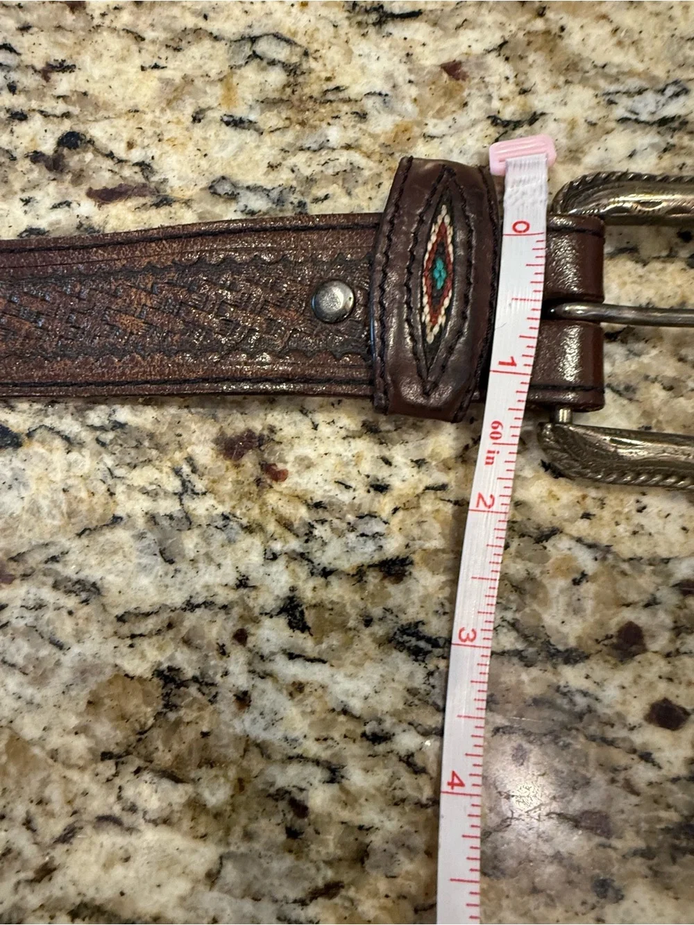 Western embroidered brown leather belt embossed silver decor 47”